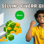 An illustration showcasing '12 Best Selling Fiverr Gig Ideas' with a laptop, coins, and cash on the left symbolizing income opportunities. A cheerful individual celebrates success on the right with a Fiverr logo in the center, all set against a gradient blue background.